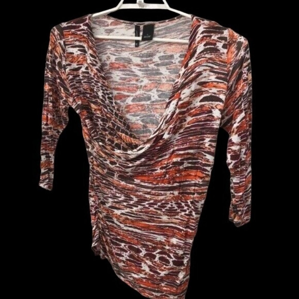 New Directions Woman's‎ Multi Color Faux Wrap Blouse Size Large 3/4 Sleeves